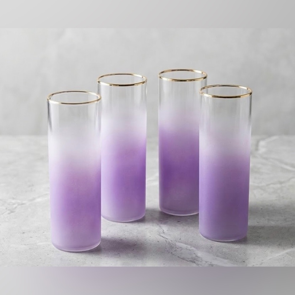 Vintage Blendo Purple Ombre Frosted Highball Glasses with Gold Rim - Set of 4